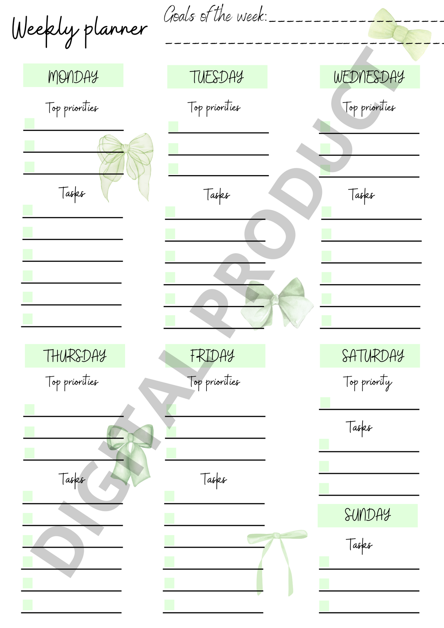 Weekly planner - green bows