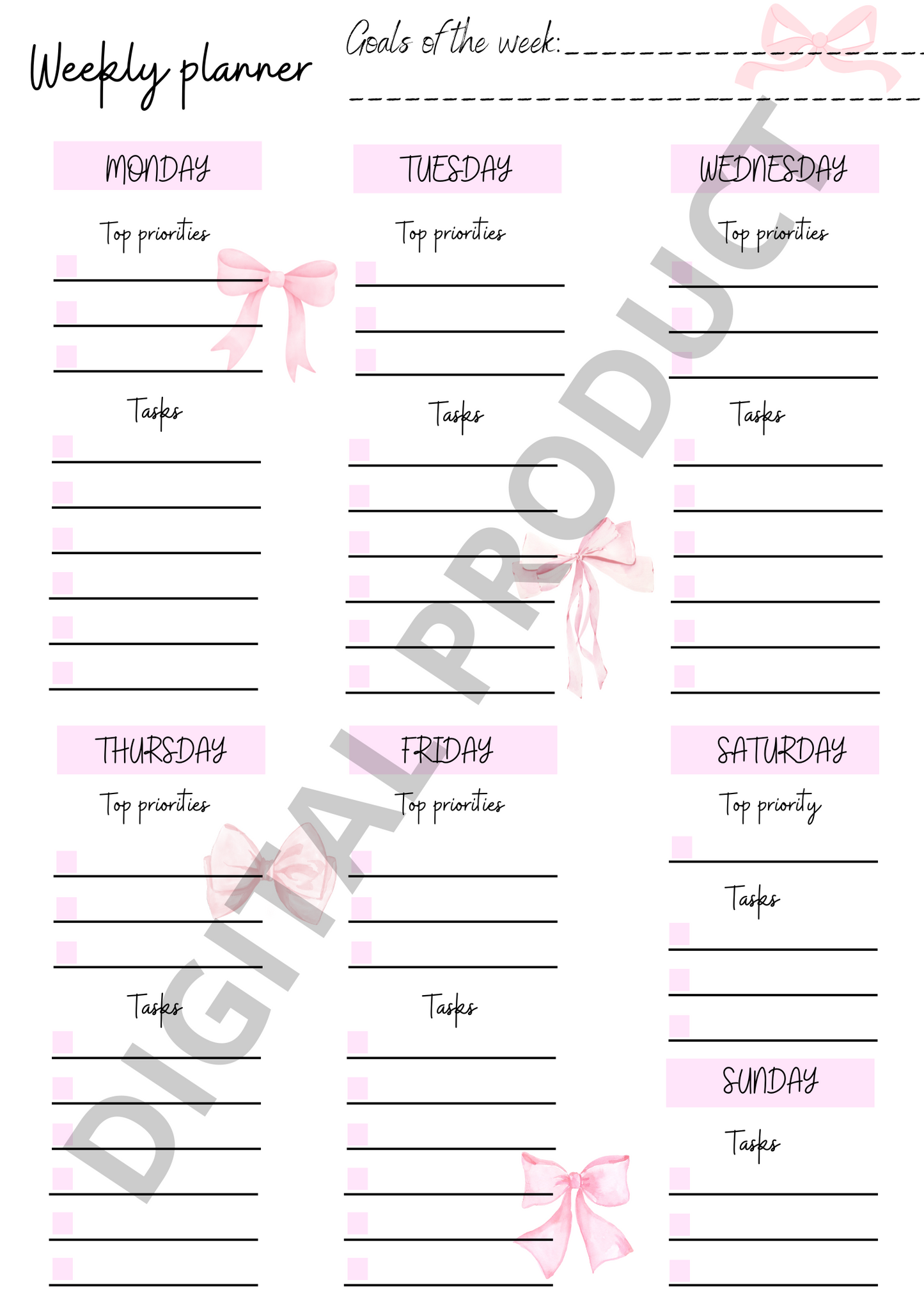 Weekly planner - pink bows