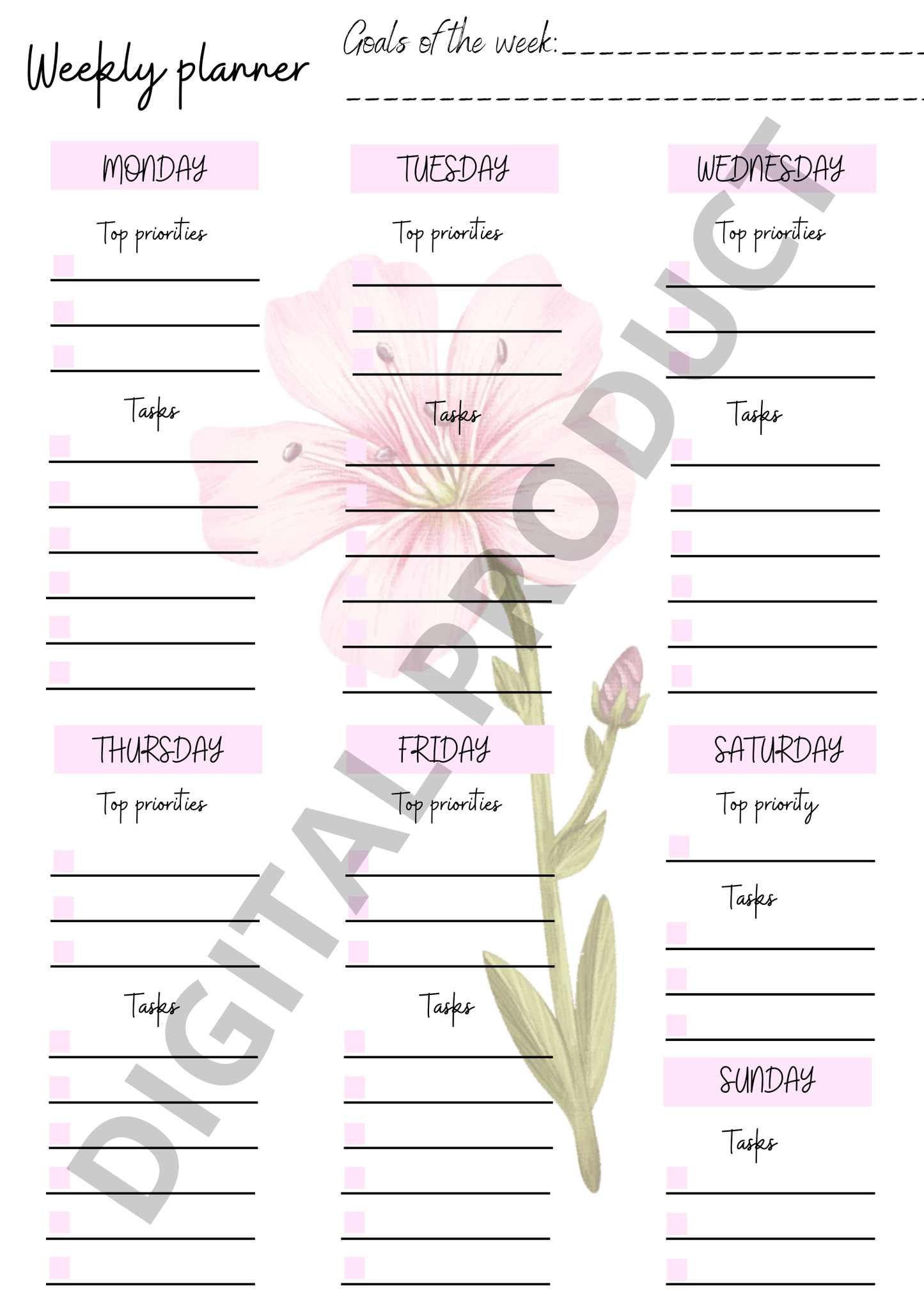 Weekly planner - pink flower