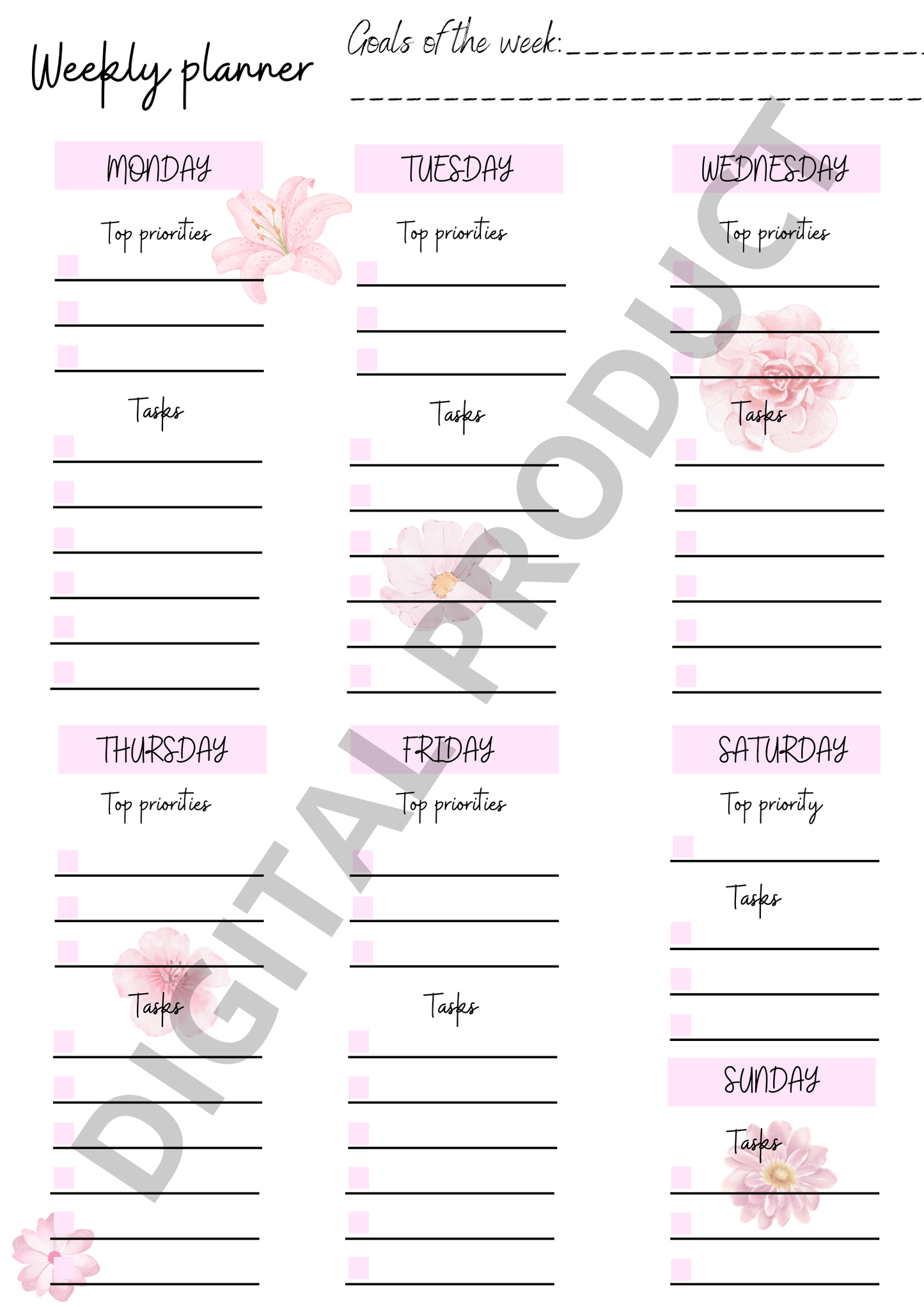 Weekly planner - pink flowers