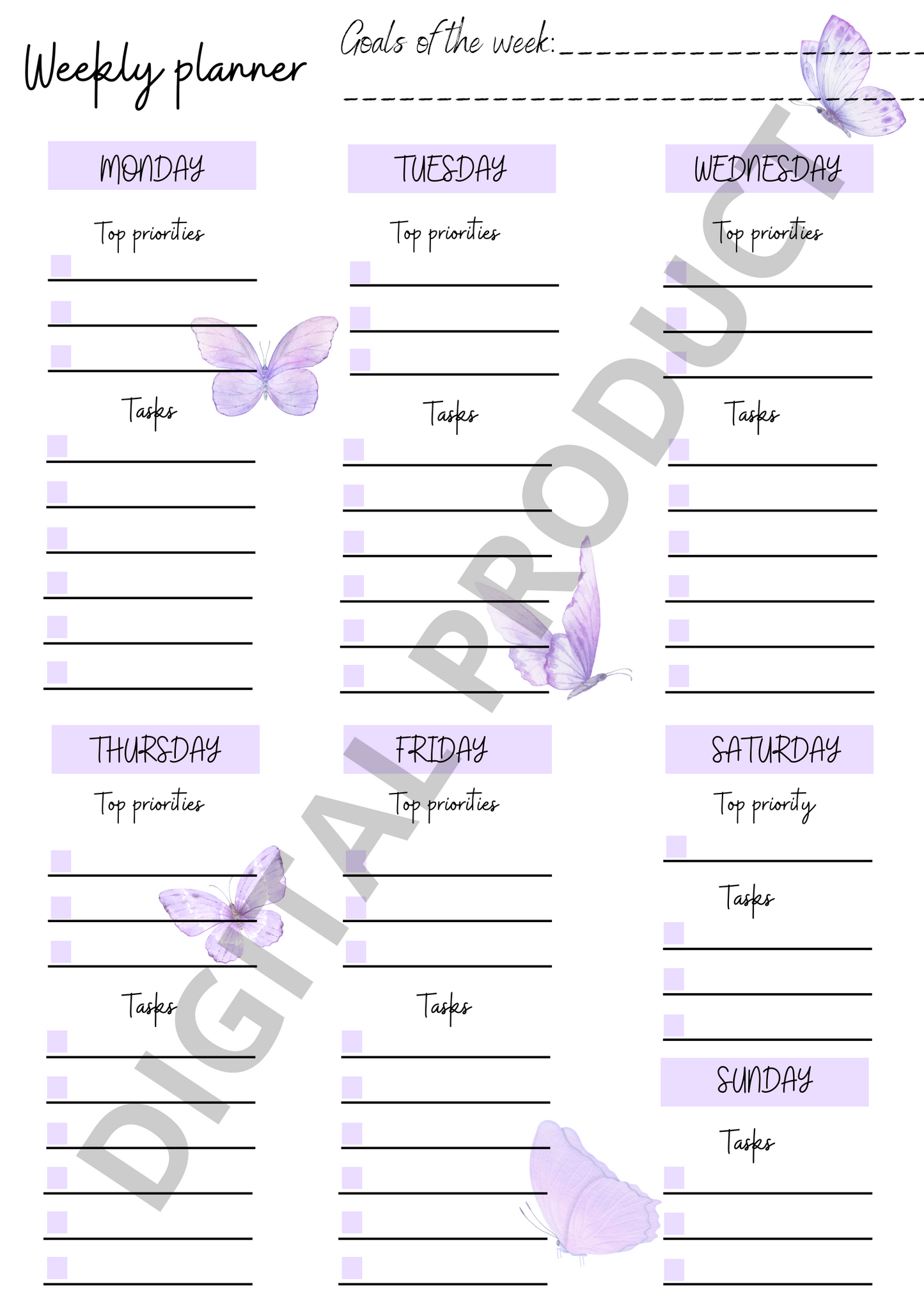 Weekly planner - purple butterflies