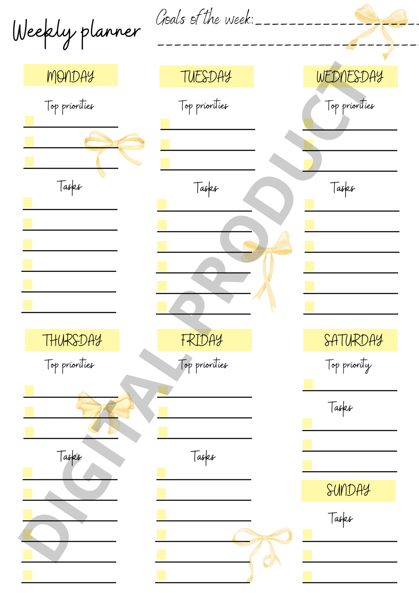 Weekly planner - yellow bows