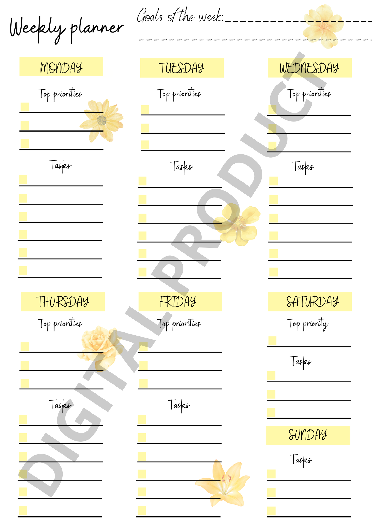 Weekly planner - yellow flowers