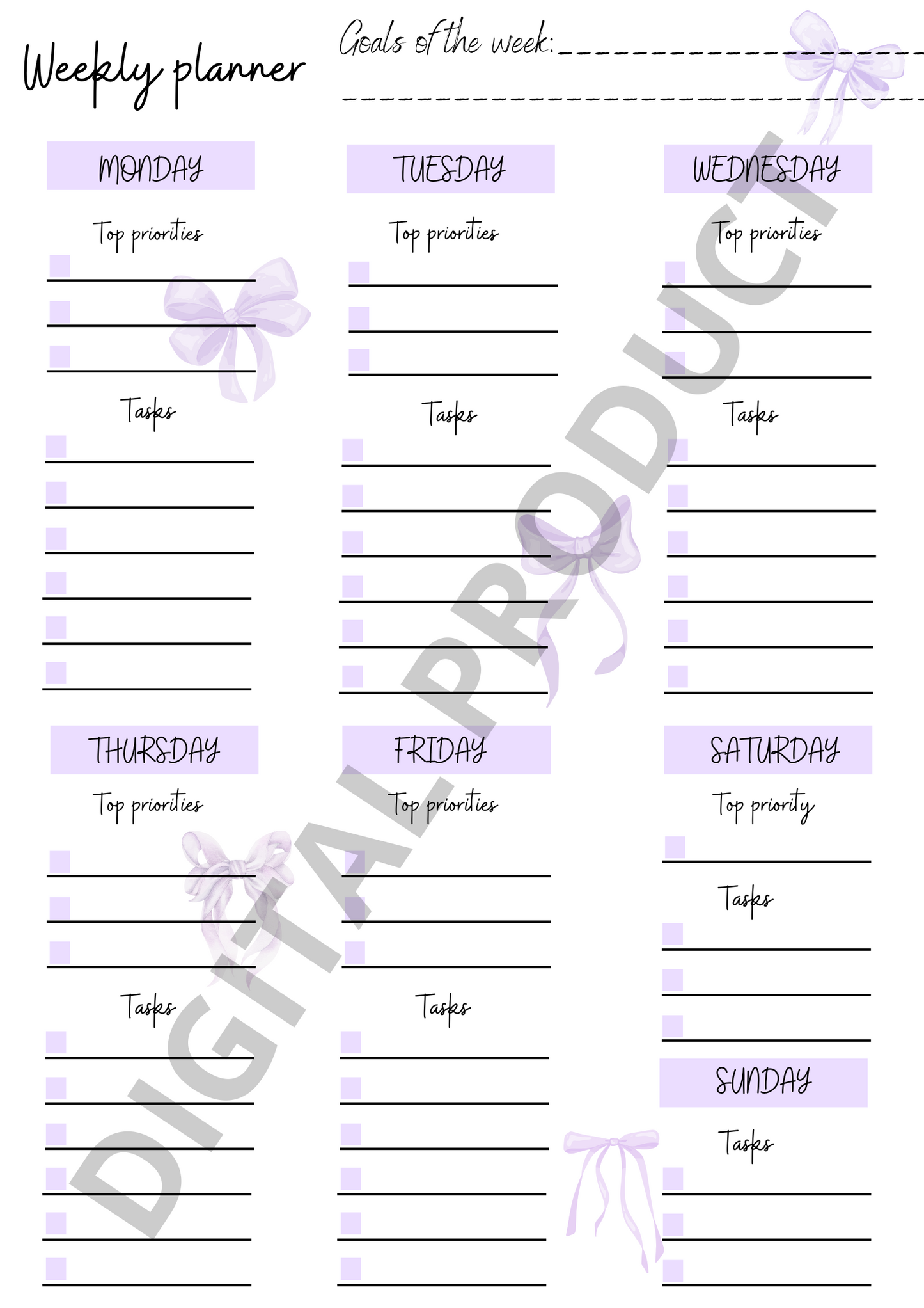 Weekly planner - purple bows