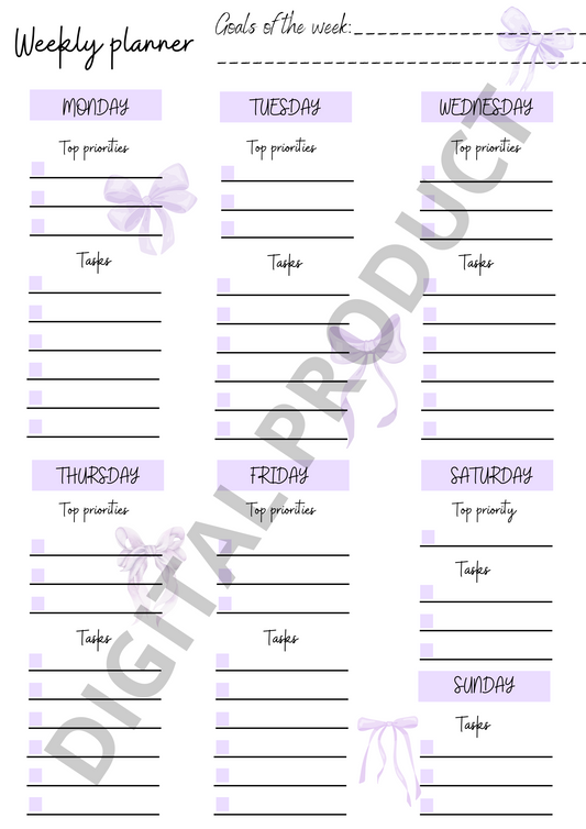 Weekly planner - purple bows