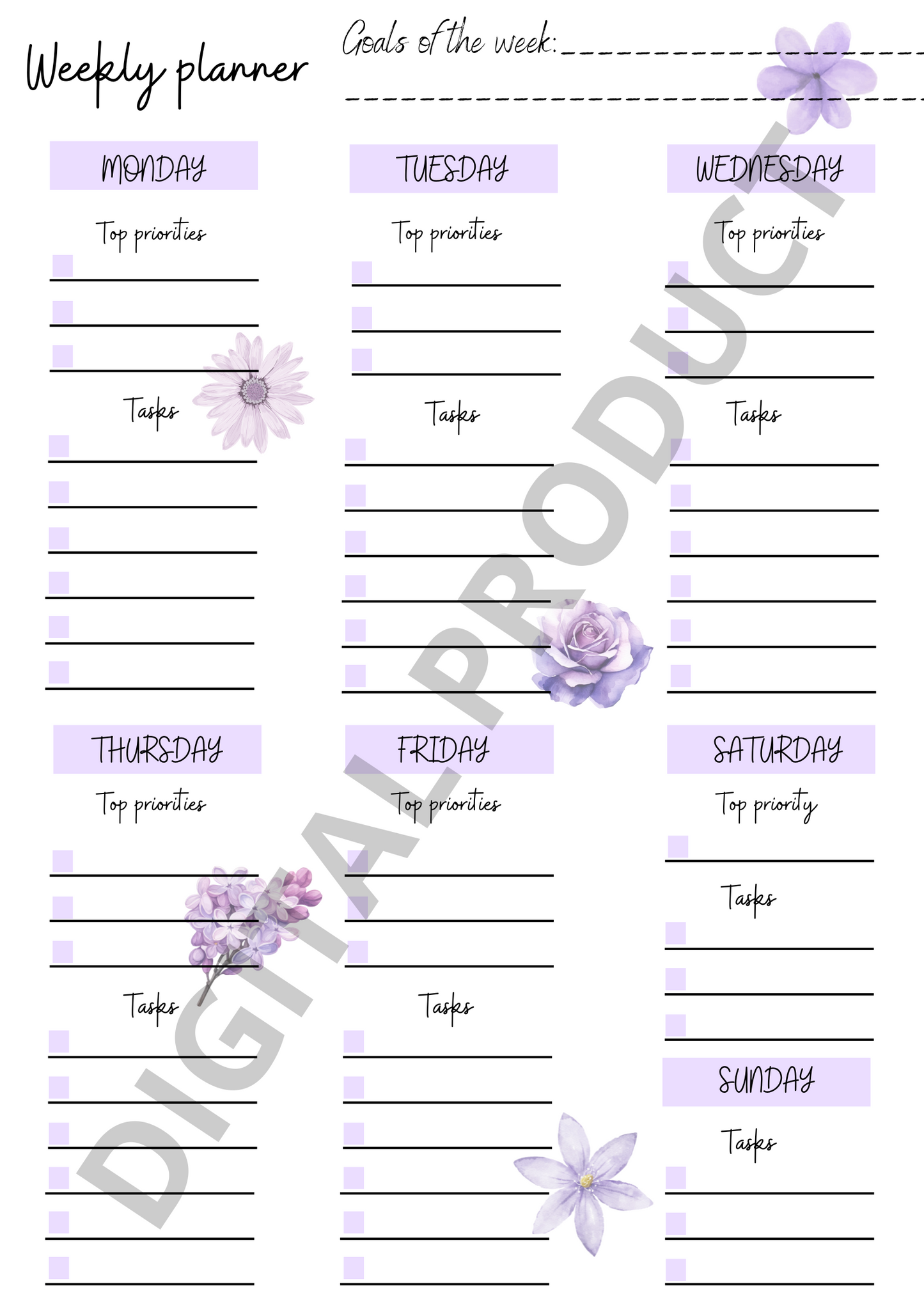 Weekly planner - purple flowers