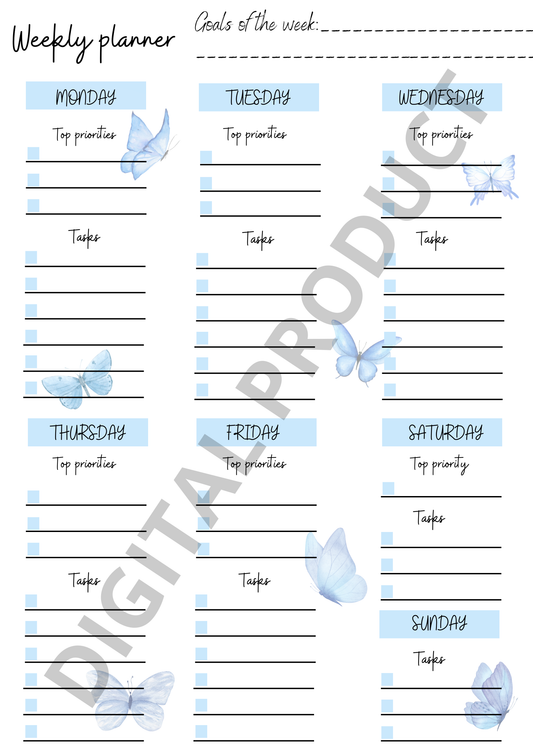 Weekly planner - blue butterflies