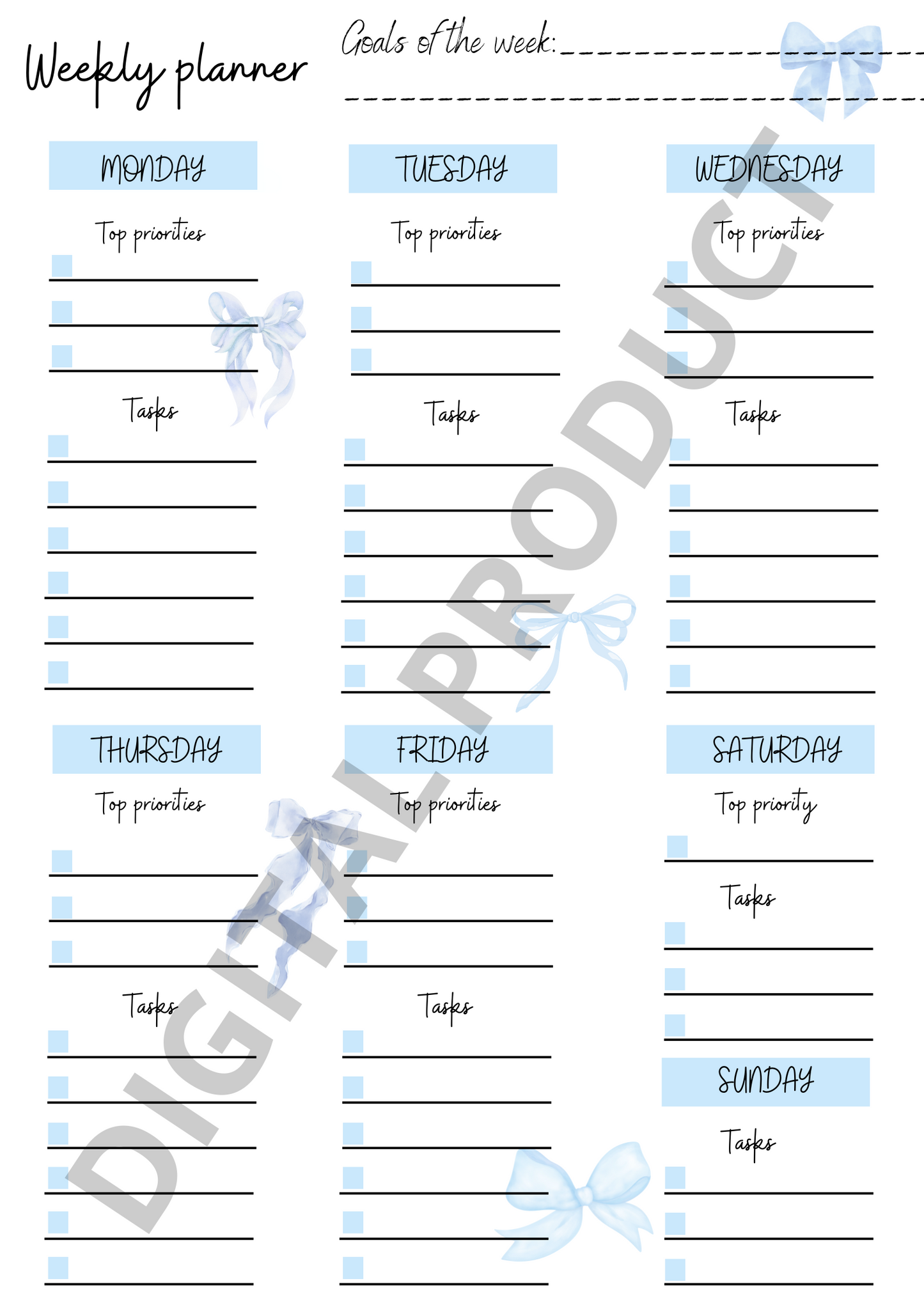 Weekly planner - blue bows