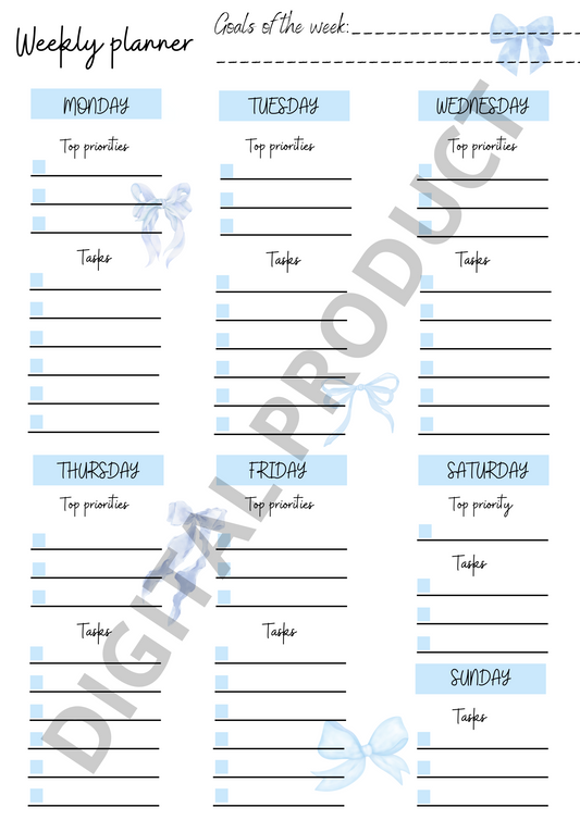 Weekly planner - blue bows