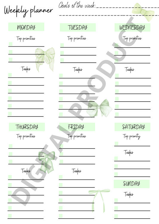 Weekly planner - green bows