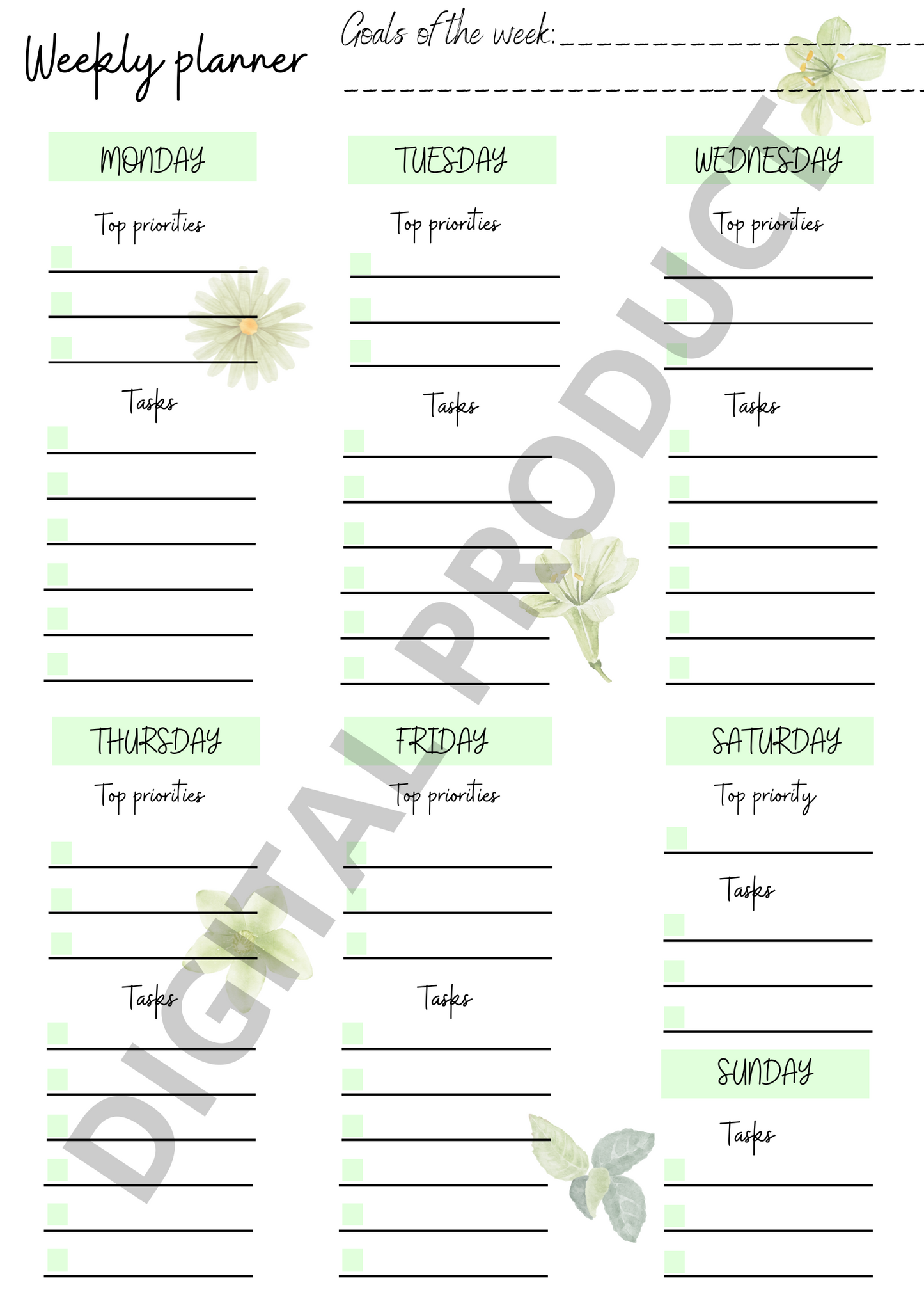 Weekly planner - green flowers