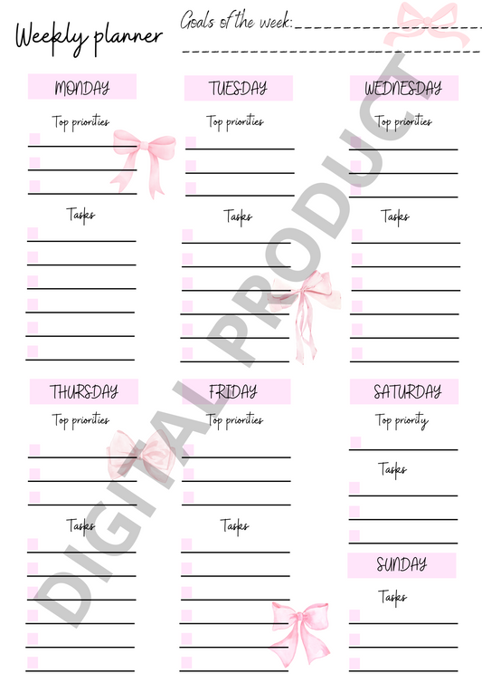 Weekly planner - pink bows