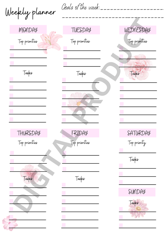 Weekly planner - pink flowers